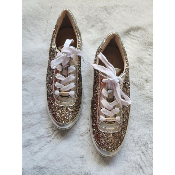 NWD JIMMY CHOO Monza Glittered Metallic Leather Sneakers Sz 36.5 Gold - Picture 2 of 11